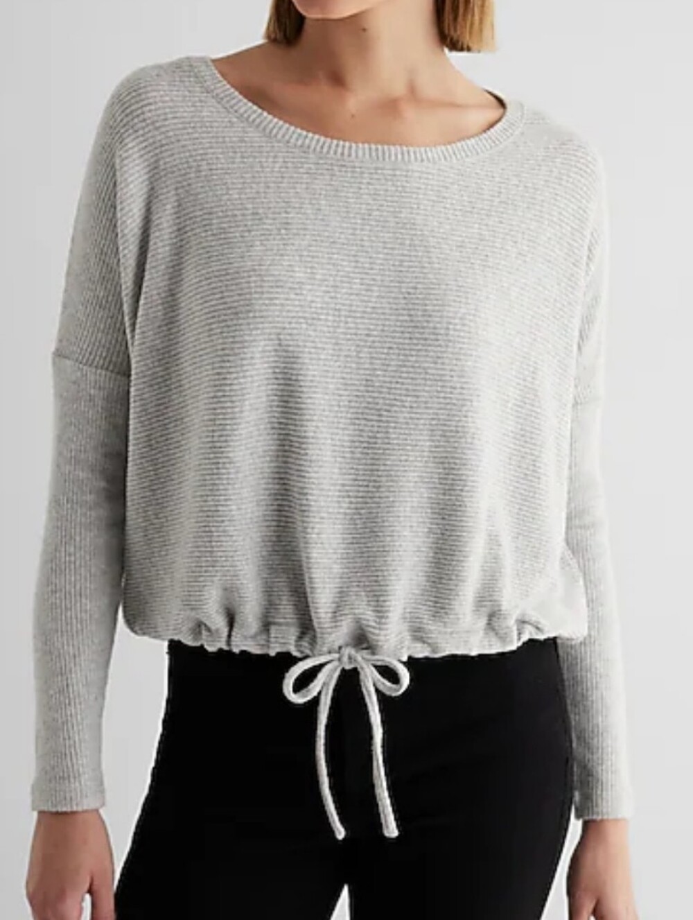 Express | Grey Ribbed Cozy Knit Crew Neck Cinched Hem Top